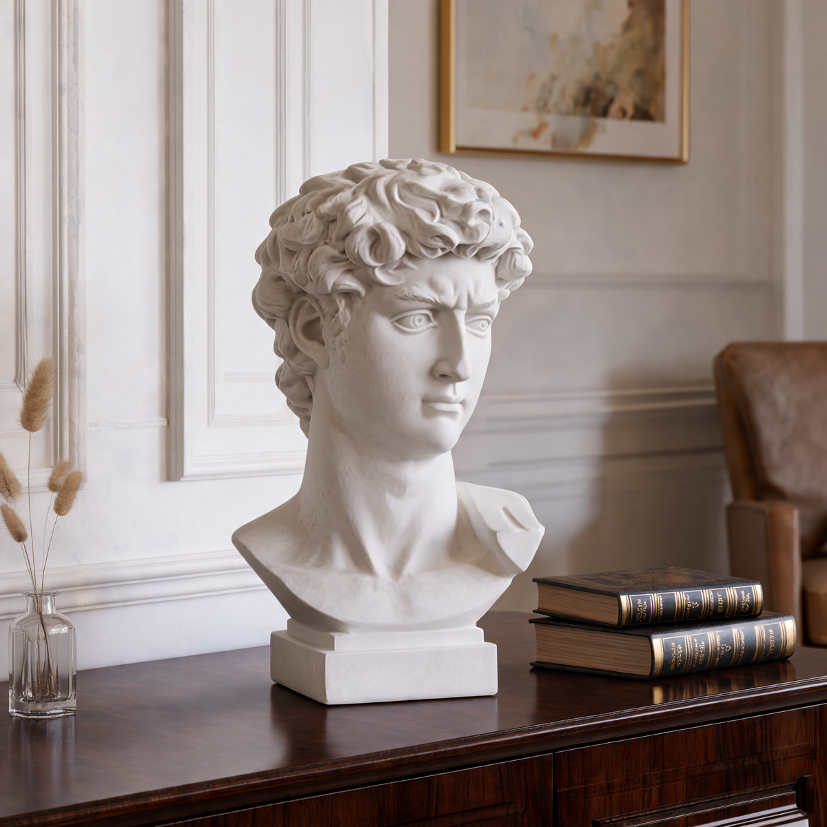 David Bust Statue, Matte White Resin Sculpture on a Plinth, Michelangelo Head Bust, 18 x 10 x 30 cm / 7.1 x 3.9 x 11.8 in, for a Desk or Shelf