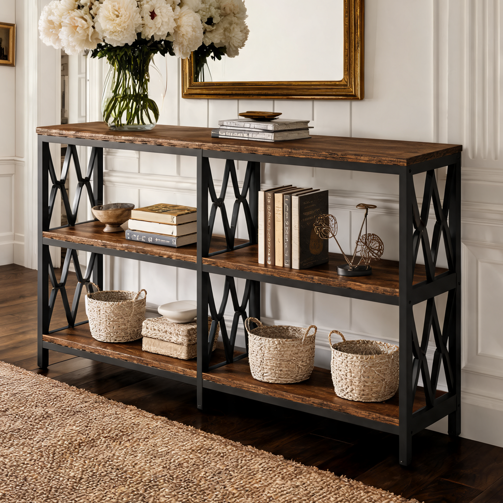 Console Table with 3 Shelves 180 x 29 cm / 70.9 x 11.4 in, Long Narrow Sofa Table on Braced Steel Frame, Entryway or Living Room