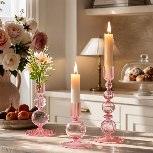 3Pcs Pink Glass Candlestick Holders Glass Taper Candle Holders Groovy Wavy Elegant Candle Stick for Home Party Decoration