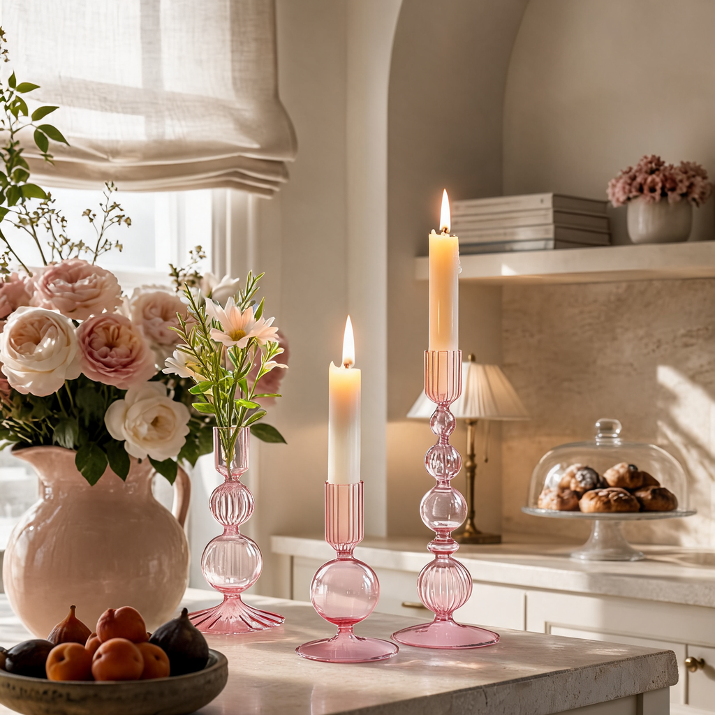 3Pcs Pink Glass Candlestick Holders Glass Taper Candle Holders Groovy Wavy Elegant Candle Stick for Home Party Decoration
