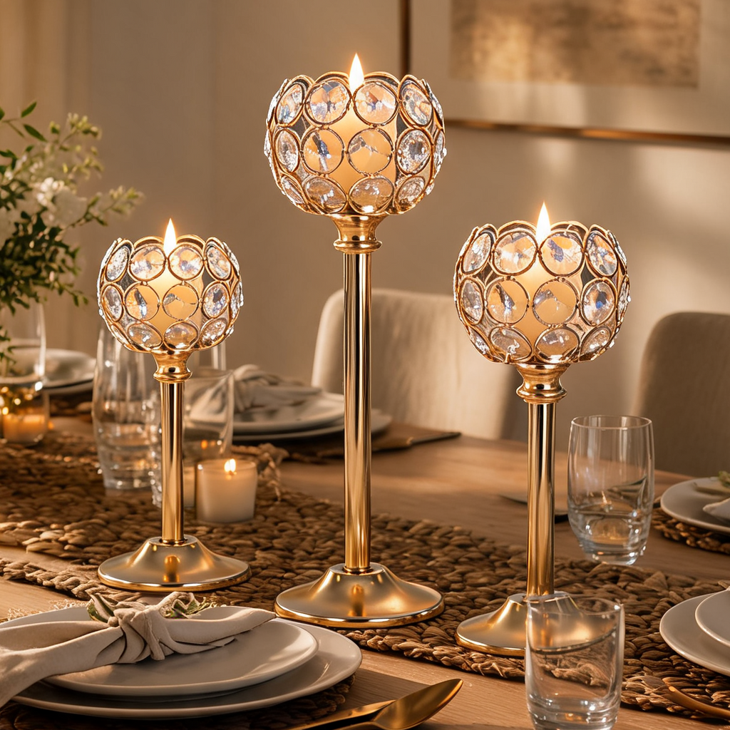 Crystal Beaded Candle Holder, Metal Tealight Candlestick in Gold or Silver, Three Heights for Wedding and Dining Table Centerpieces