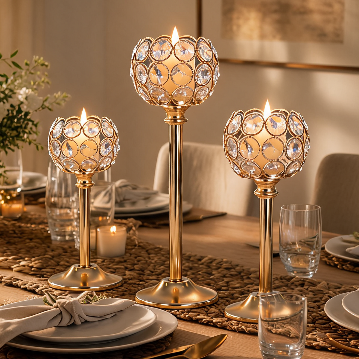Crystal Beaded Candle Holder, Metal Tealight Candlestick in Gold or Silver, Three Heights for Wedding and Dining Table Centerpieces