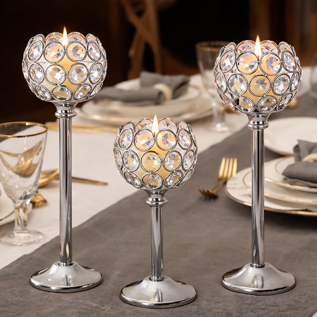 Crystal Beaded Candle Holder, Metal Tealight Candlestick in Gold or Silver, Three Heights for Wedding and Dining Table Centerpieces