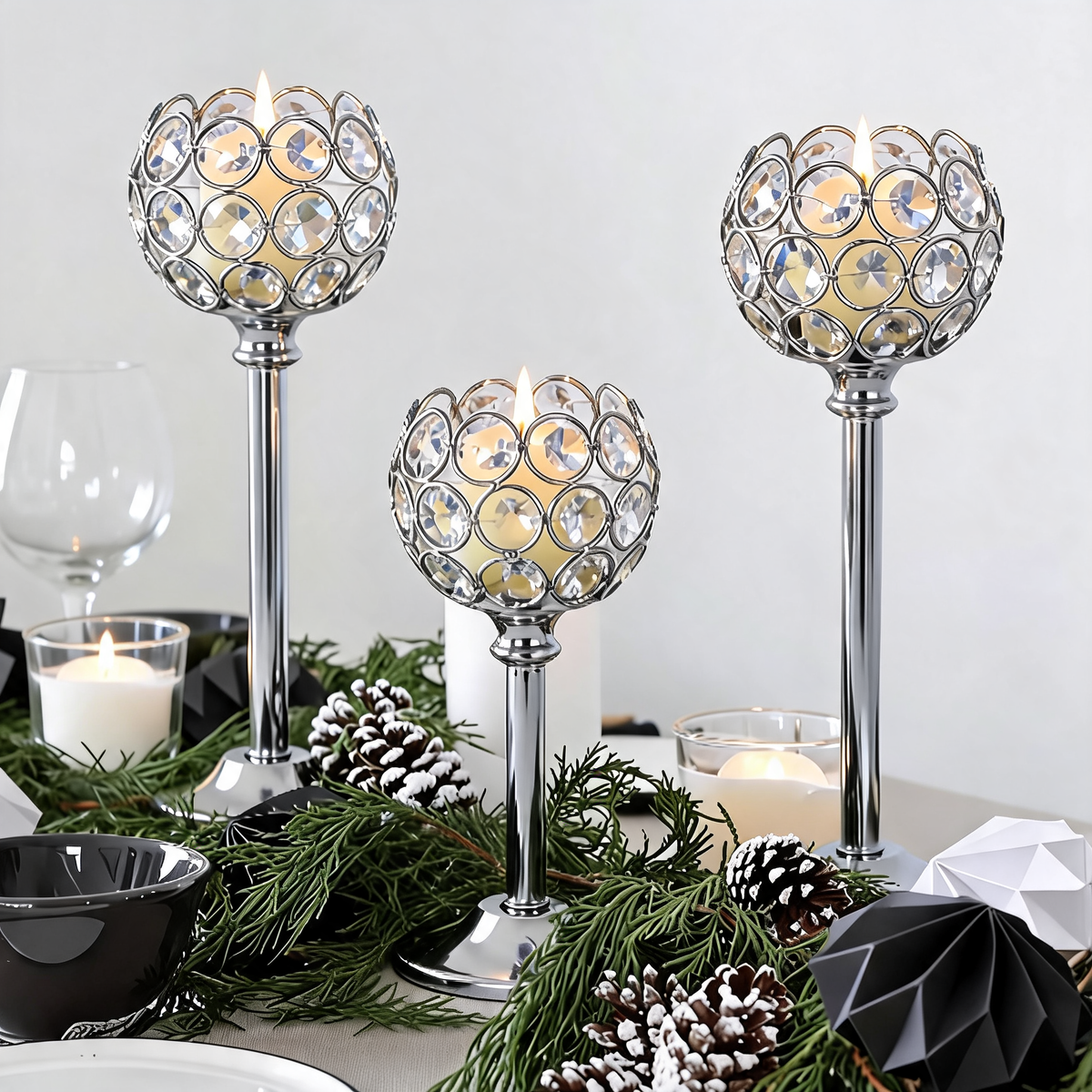 Crystal Beaded Candle Holder, Metal Tealight Candlestick in Gold or Silver, Three Heights for Wedding and Dining Table Centerpieces