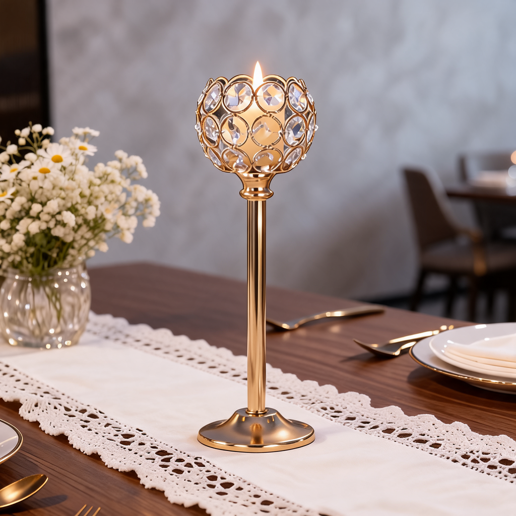Crystal Beaded Candle Holder, Metal Tealight Candlestick in Gold or Silver, Three Heights for Wedding and Dining Table Centerpieces