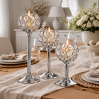 Crystal Beaded Candle Holder, Metal Tealight Candlestick in Gold or Silver, Three Heights for Wedding and Dining Table Centerpieces