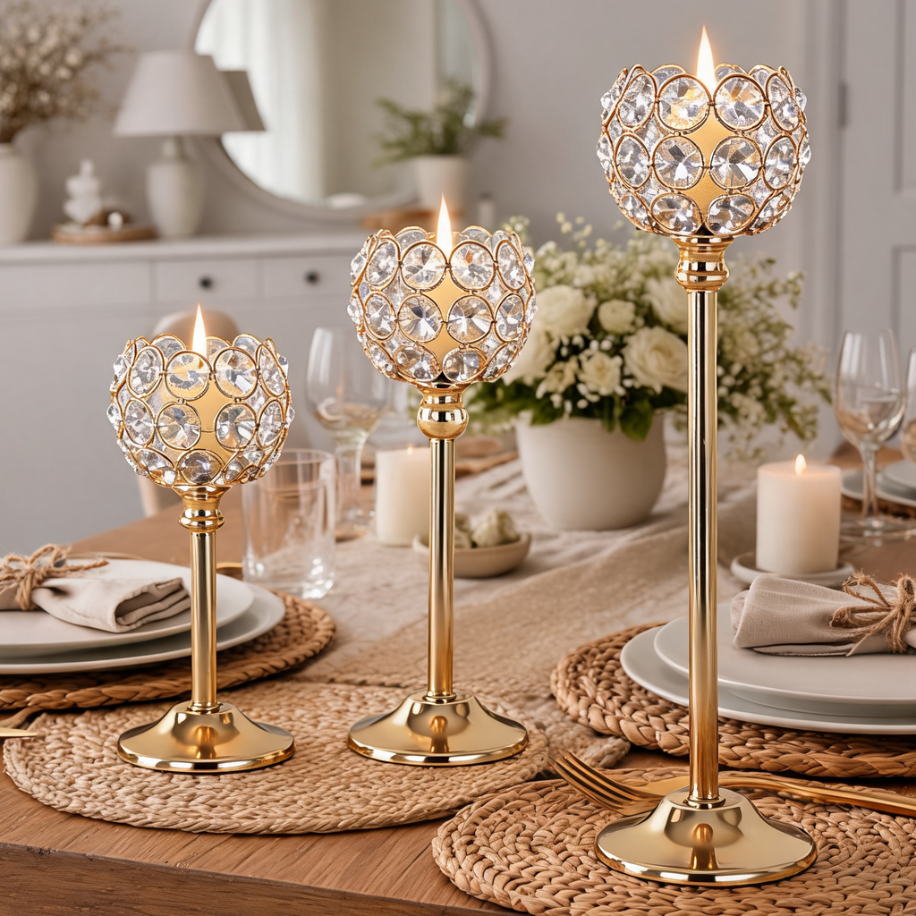 Crystal Beaded Candle Holder, Metal Tealight Candlestick in Gold or Silver, Three Heights for Wedding and Dining Table Centerpieces