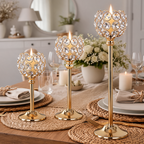 Crystal Beaded Candle Holder, Metal Tealight Candlestick in Gold or Silver, Three Heights for Wedding and Dining Table Centerpieces