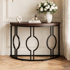 Half Moon Console Table with Open Circle Steel Frame, 110 x 35 x 80 cm / 43.3 x 13.8 x 31.5 in, Dark Brown Semi Circle Entryway Sofa Table for Hallway
