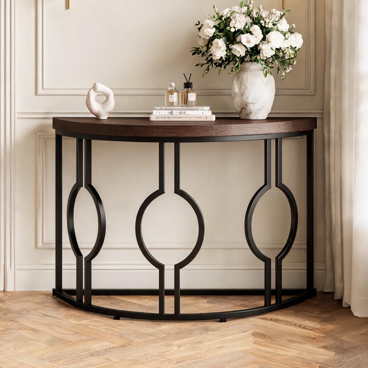 Half Moon Console Table with Open Circle Steel Frame, 110 x 35 x 80 cm / 43.3 x 13.8 x 31.5 in, Dark Brown Semi Circle Entryway Sofa Table for Hallway