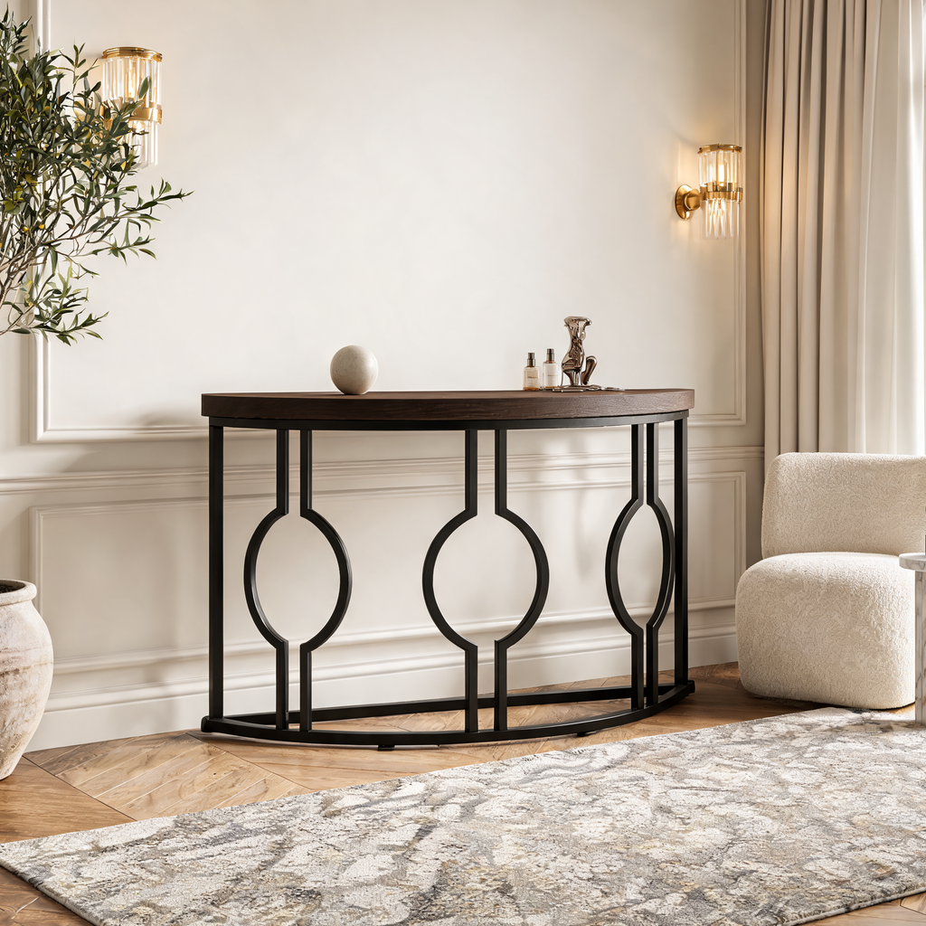 Half Moon Console Table with Open Circle Steel Frame, 110 x 35 x 80 cm / 43.3 x 13.8 x 31.5 in, Dark Brown Semi Circle Entryway Sofa Table for Hallway