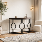 Half Moon Console Table with Open Circle Steel Frame, 110 x 35 x 80 cm / 43.3 x 13.8 x 31.5 in, Dark Brown Semi Circle Entryway Sofa Table for Hallway