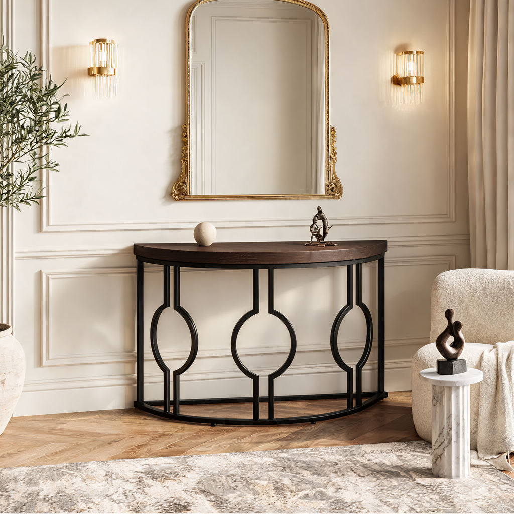 Half Moon Console Table with Open Circle Steel Frame, 110 x 35 x 80 cm / 43.3 x 13.8 x 31.5 in, Dark Brown Semi Circle Entryway Sofa Table for Hallway
