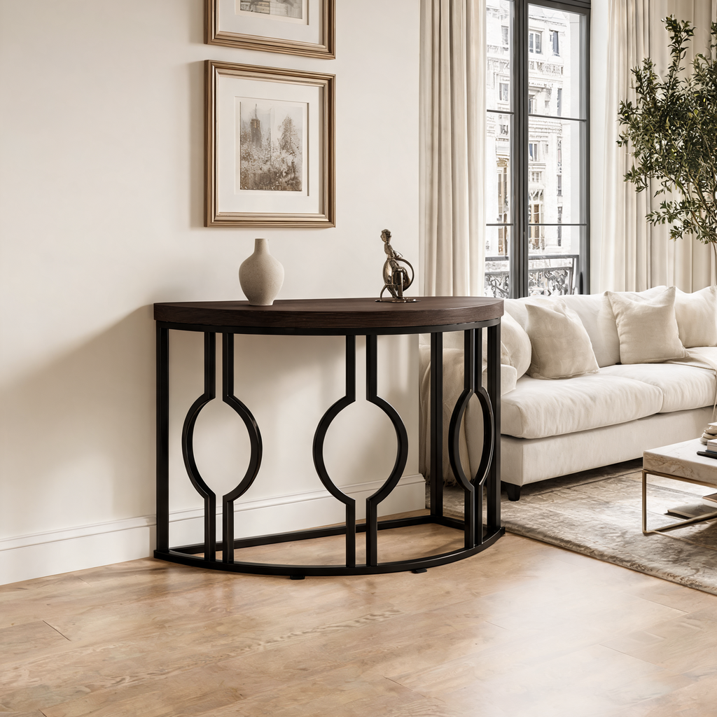 Half Moon Console Table with Open Circle Steel Frame, 110 x 35 x 80 cm / 43.3 x 13.8 x 31.5 in, Dark Brown Semi Circle Entryway Sofa Table for Hallway