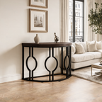 Half Moon Console Table with Open Circle Steel Frame, 110 x 35 x 80 cm / 43.3 x 13.8 x 31.5 in, Dark Brown Semi Circle Entryway Sofa Table for Hallway