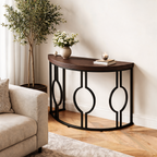Half Moon Console Table with Open Circle Steel Frame, 110 x 35 x 80 cm / 43.3 x 13.8 x 31.5 in, Dark Brown Semi Circle Entryway Sofa Table for Hallway
