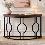 Half Moon Console Table with Open Circle Steel Frame, 110 x 35 x 80 cm / 43.3 x 13.8 x 31.5 in, Dark Brown Semi Circle Entryway Sofa Table for Hallway
