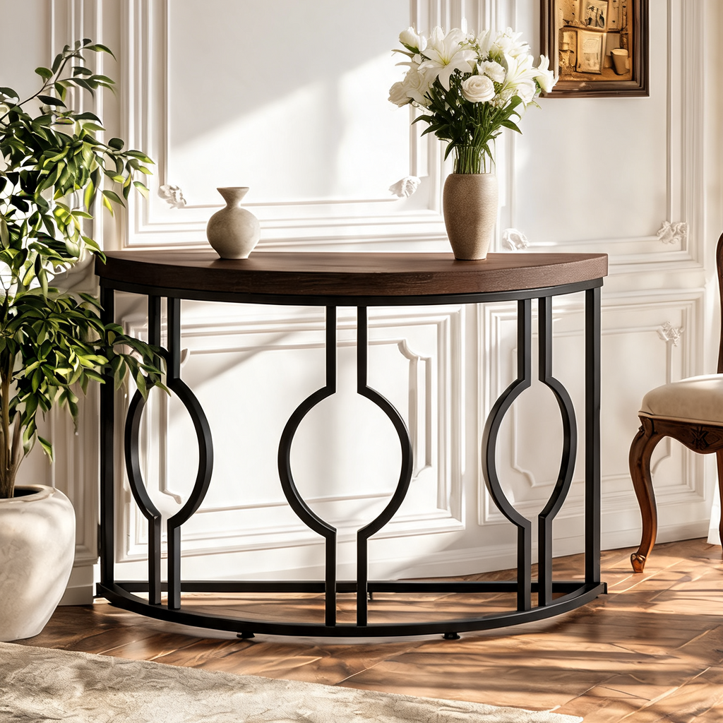 Half Moon Console Table with Open Circle Steel Frame, 110 x 35 x 80 cm / 43.3 x 13.8 x 31.5 in, Dark Brown Semi Circle Entryway Sofa Table for Hallway