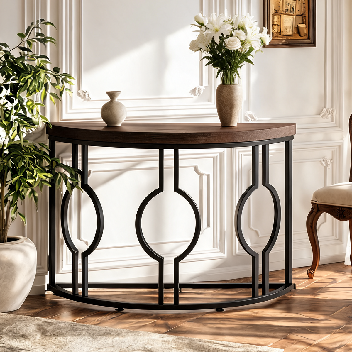 Half Moon Console Table with Open Circle Steel Frame, 110 x 35 x 80 cm / 43.3 x 13.8 x 31.5 in, Dark Brown Semi Circle Entryway Sofa Table for Hallway