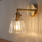 Brass Wall Sconce with Clear Ribbed Glass Shade, Single Light Adjustable Wall Lamp for Bedroom, Bathroom Mirror and Hallway, 14 cm / 5.5 in Shade