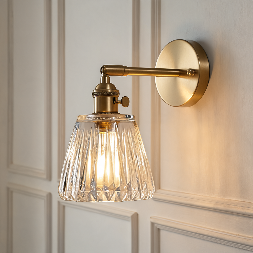 Brass Wall Sconce with Clear Ribbed Glass Shade, Single Light Adjustable Wall Lamp for Bedroom, Bathroom Mirror and Hallway, 14 cm / 5.5 in Shade