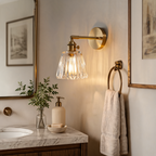 Brass Wall Sconce with Clear Ribbed Glass Shade, Single Light Adjustable Wall Lamp for Bedroom, Bathroom Mirror and Hallway, 14 cm / 5.5 in Shade