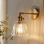 Brass Wall Sconce with Clear Ribbed Glass Shade, Single Light Adjustable Wall Lamp for Bedroom, Bathroom Mirror and Hallway, 14 cm / 5.5 in Shade