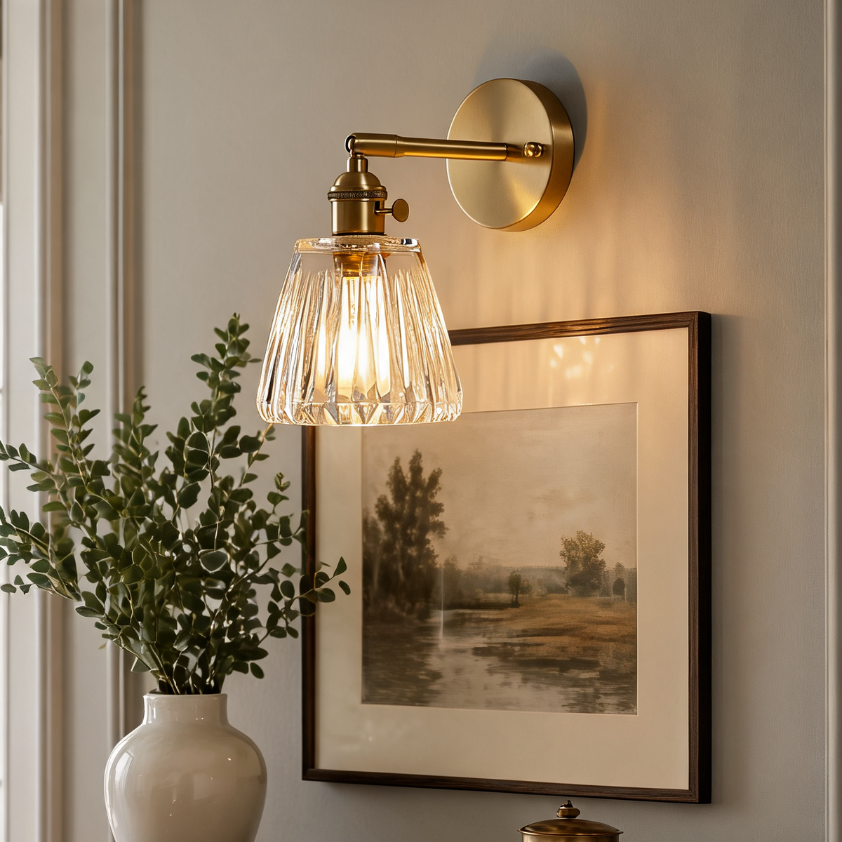 Brass Wall Sconce with Clear Ribbed Glass Shade, Single Light Adjustable Wall Lamp for Bedroom, Bathroom Mirror and Hallway, 14 cm / 5.5 in Shade