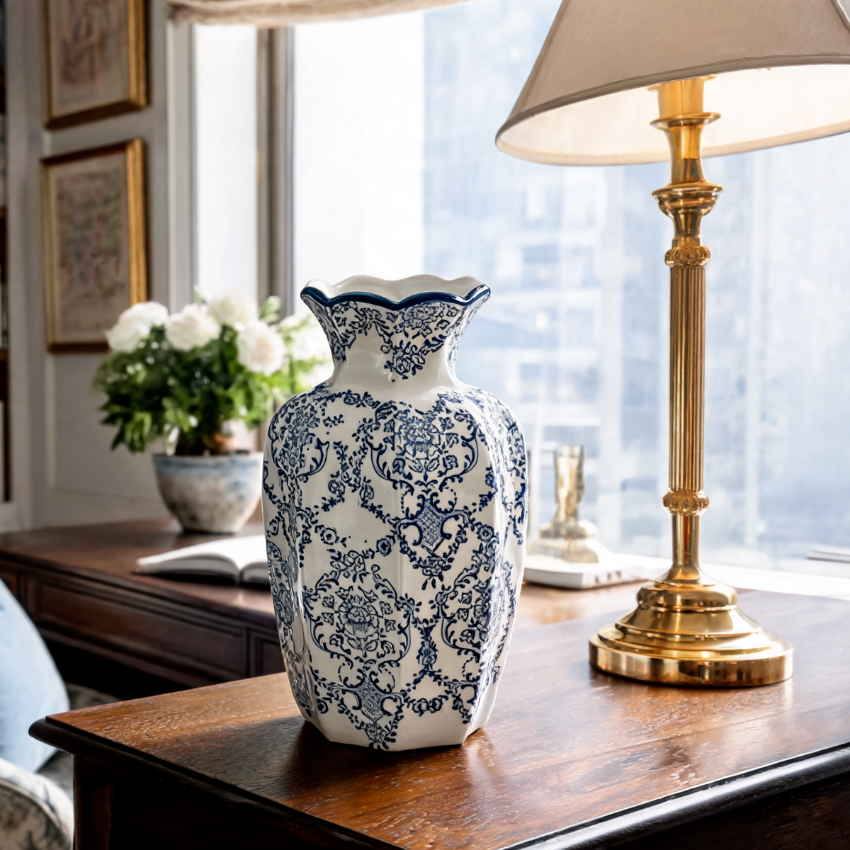 Blue and White Porcelain Vase, Faceted Ceramic Flower Vase, Scalloped Rim, Damask Print, Living Room Entryway, 15 cm / 5.9 in or 24 cm / 9.4 in
