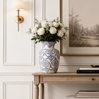 Blue and White Porcelain Vase, Faceted Ceramic Flower Vase, Scalloped Rim, Damask Print, Living Room Entryway, 15 cm / 5.9 in or 24 cm / 9.4 in