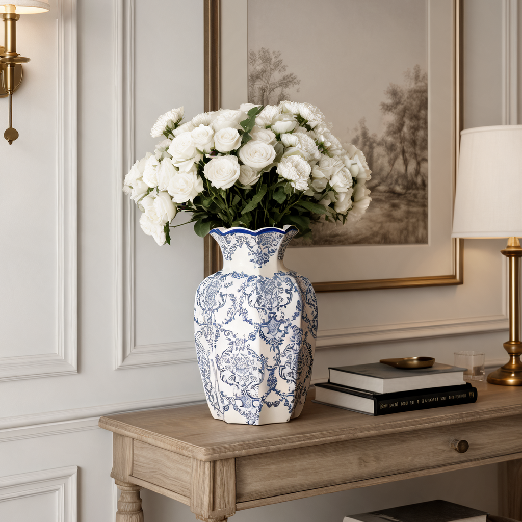 Blue and White Porcelain Vase, Faceted Ceramic Flower Vase, Scalloped Rim, Damask Print, Living Room Entryway, 15 cm / 5.9 in or 24 cm / 9.4 in