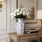Blue and White Porcelain Vase, Faceted Ceramic Flower Vase, Scalloped Rim, Damask Print, Living Room Entryway, 15 cm / 5.9 in or 24 cm / 9.4 in