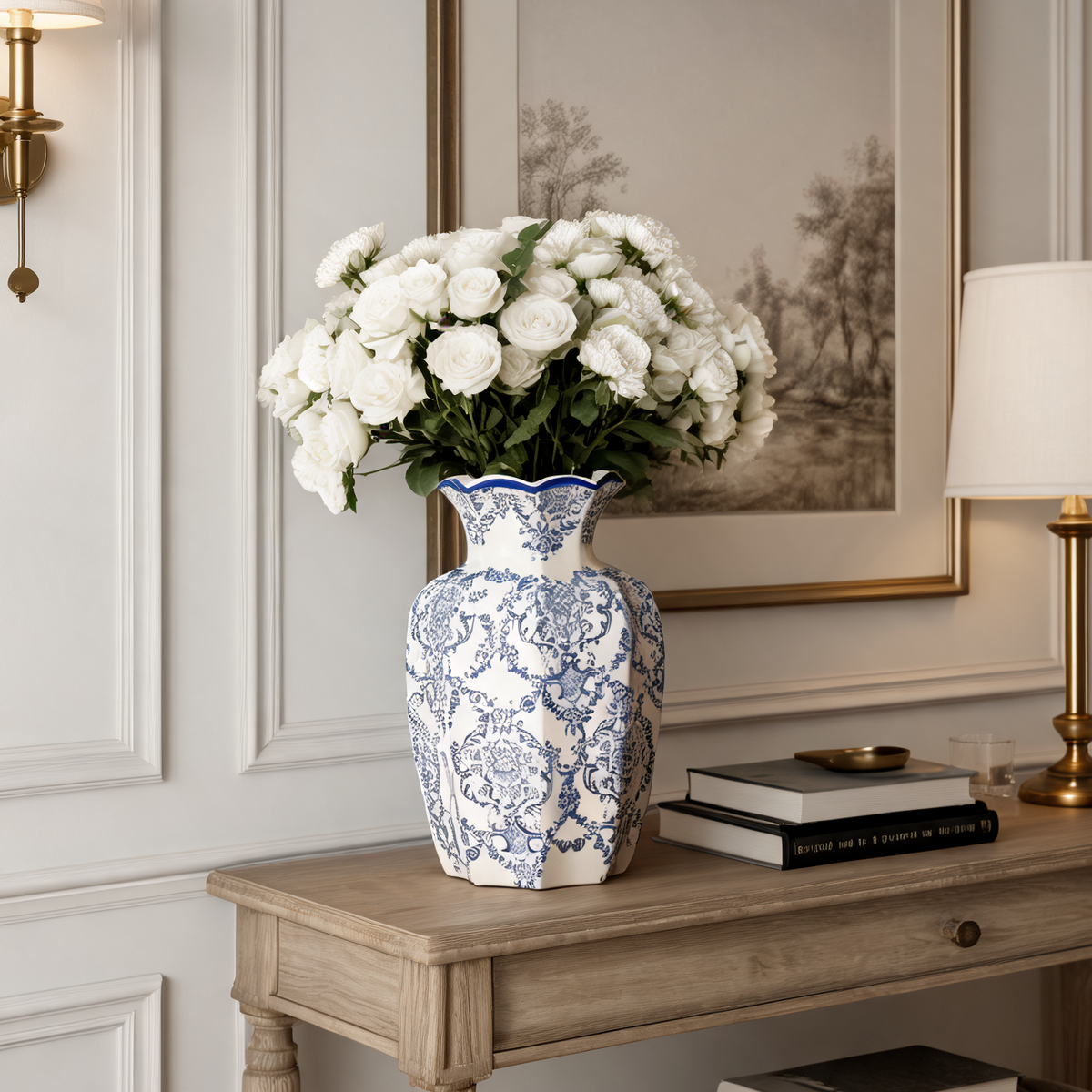 Blue and White Porcelain Vase, Faceted Ceramic Flower Vase, Scalloped Rim, Damask Print, Living Room Entryway, 15 cm / 5.9 in or 24 cm / 9.4 in