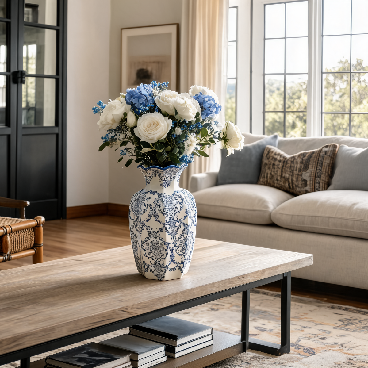 Blue and White Porcelain Vase, Faceted Ceramic Flower Vase, Scalloped Rim, Damask Print, Living Room Entryway, 15 cm / 5.9 in or 24 cm / 9.4 in