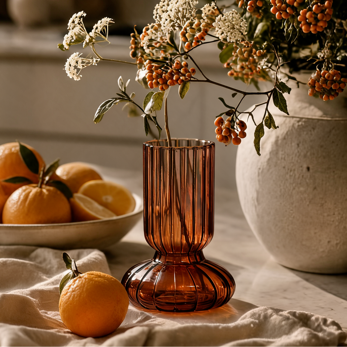 Small Fluted Glass Bud Vase, Ribbed Colored Stem Vase for Flowers and Water Cuttings, Table and Shelf Decor, 16 to 20 cm / 6.2 to 7.9 in Tall