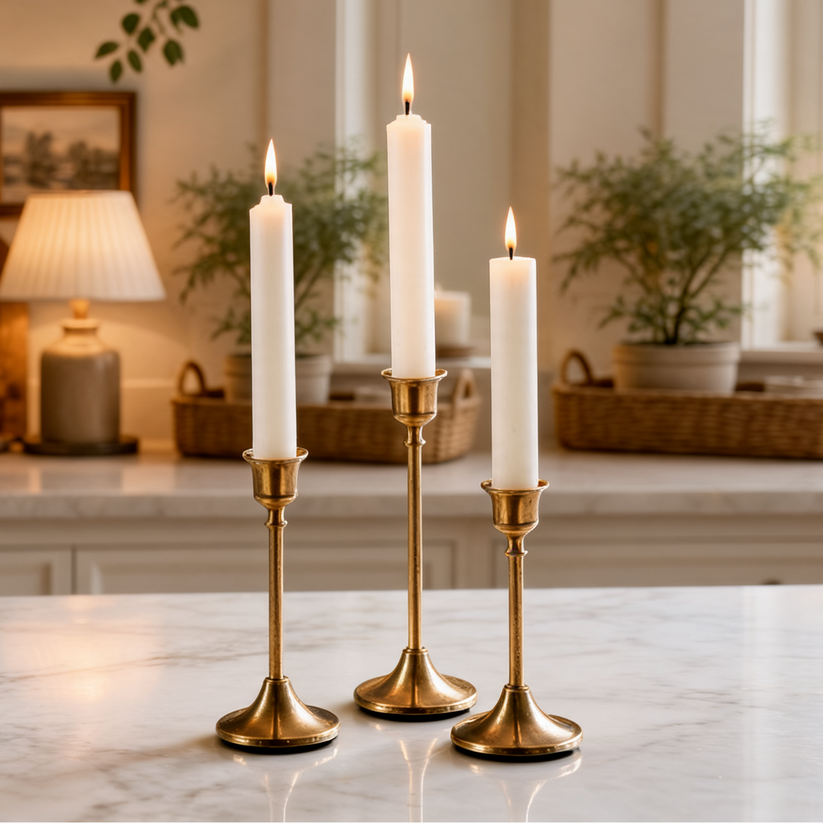 Taper Candle Holders Set of 3, Gold Brass Finish Metal Candlesticks in Graduated Heights for Dining Table, Wedding and Party Decor