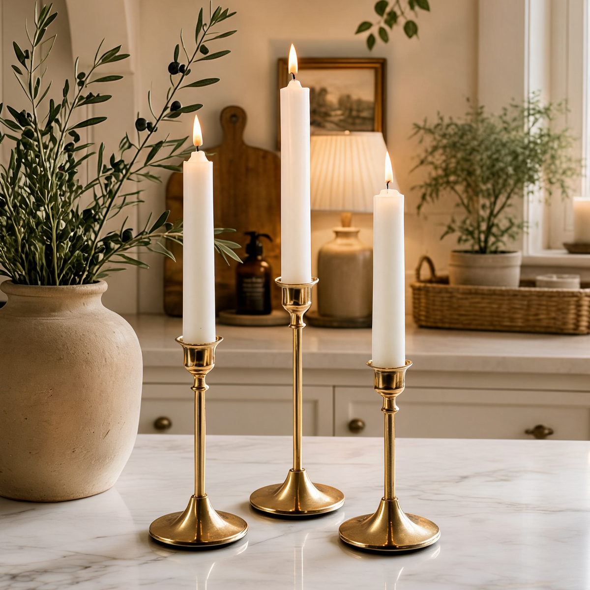 Taper Candle Holders Set of 3, Gold Brass Finish Metal Candlesticks in Graduated Heights for Dining Table, Wedding and Party Decor