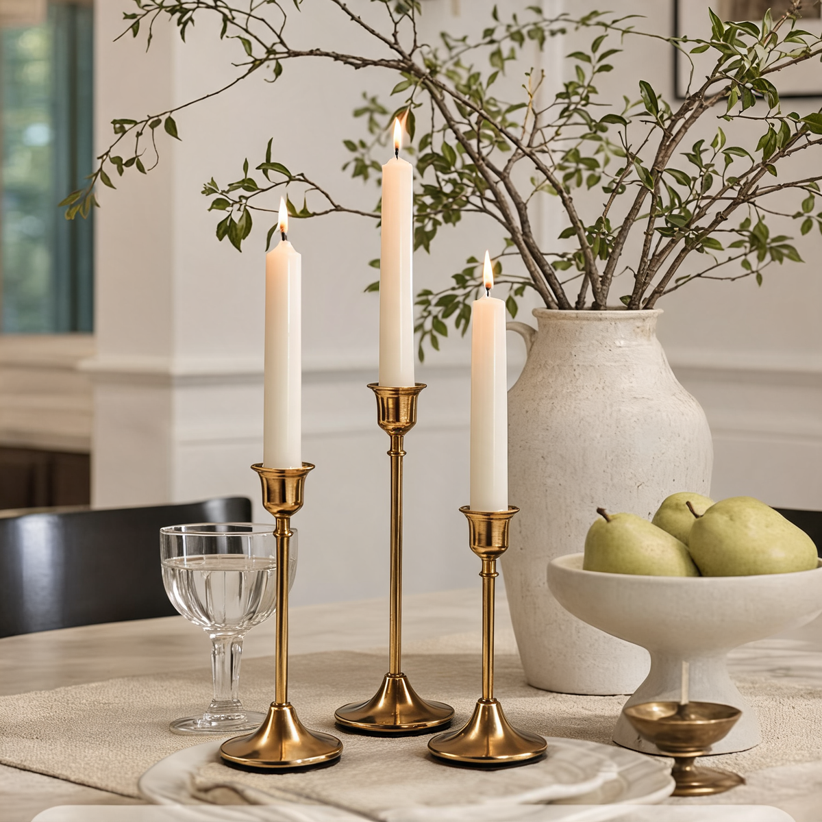 Taper Candle Holders Set of 3, Gold Brass Finish Metal Candlesticks in Graduated Heights for Dining Table, Wedding and Party Decor