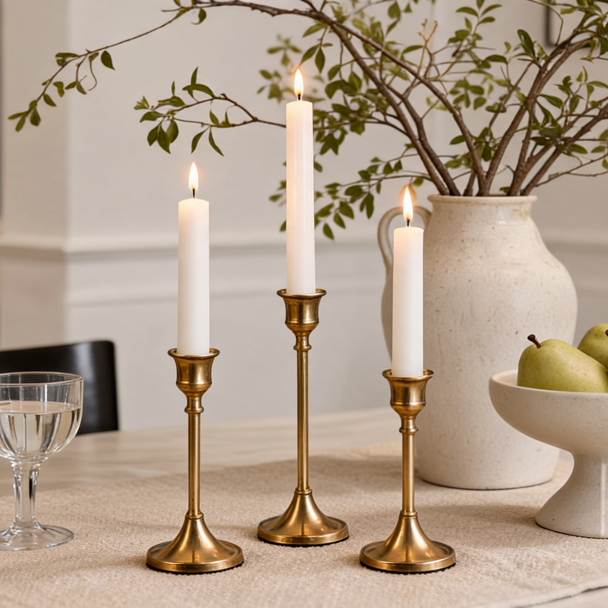 Taper Candle Holders Set of 3, Gold Brass Finish Metal Candlesticks in Graduated Heights for Dining Table, Wedding and Party Decor
