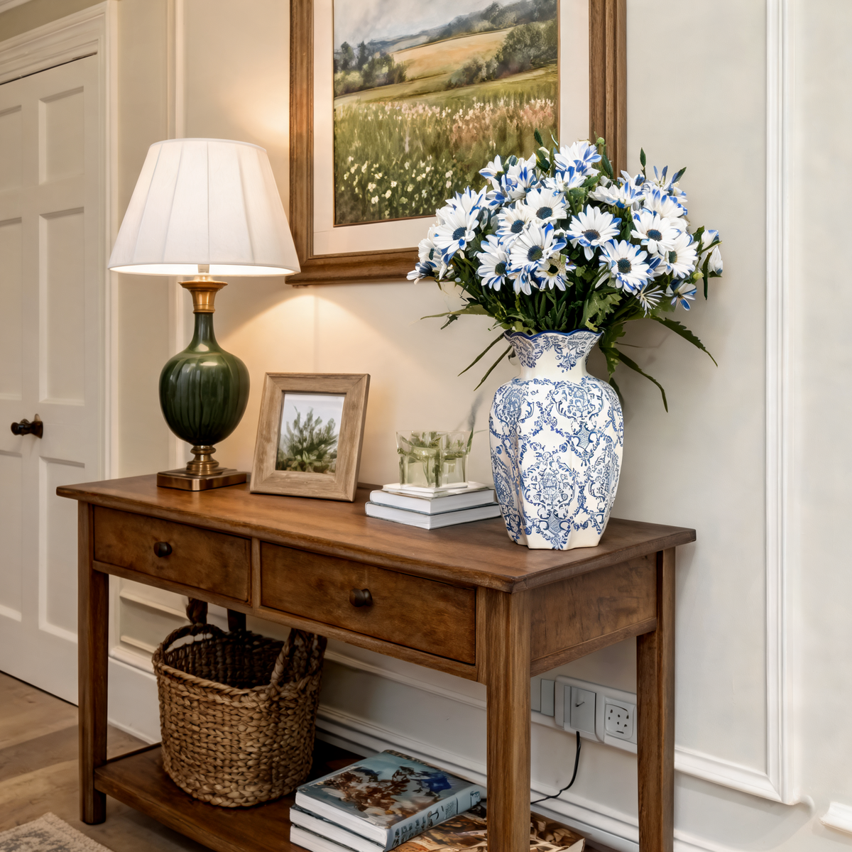 Blue and White Porcelain Vase, Faceted Ceramic Flower Vase, Scalloped Rim, Damask Print, Living Room Entryway, 15 cm / 5.9 in or 24 cm / 9.4 in