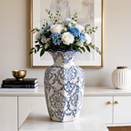 Blue and White Porcelain Vase, Faceted Ceramic Flower Vase, Scalloped Rim, Damask Print, Living Room Entryway, 15 cm / 5.9 in or 24 cm / 9.4 in
