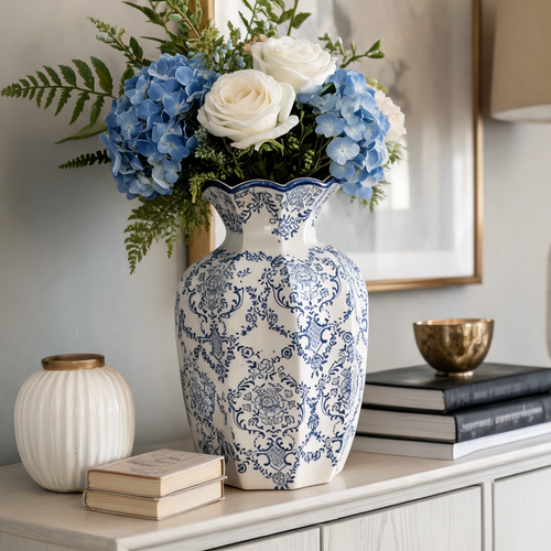 Blue and White Porcelain Vase, Faceted Ceramic Flower Vase, Scalloped Rim, Damask Print, Living Room Entryway, 15 cm / 5.9 in or 24 cm / 9.4 in