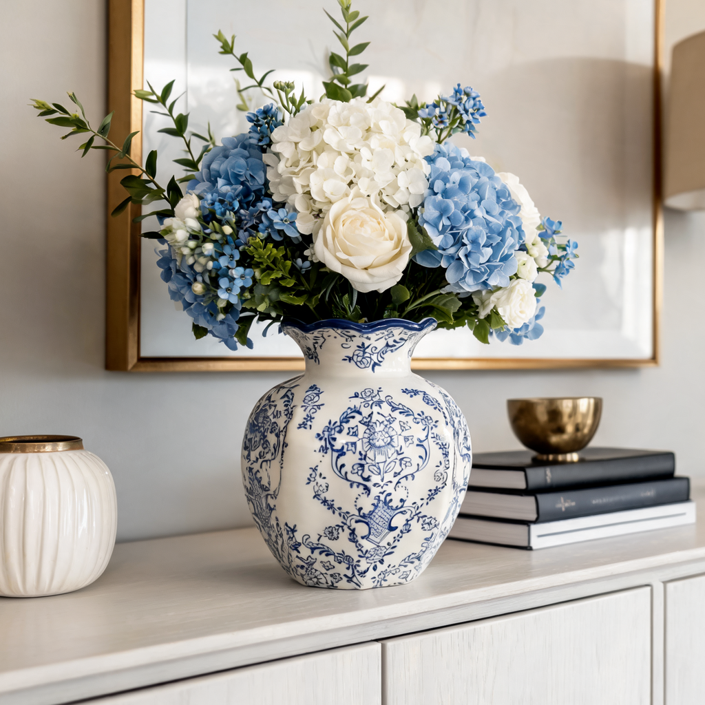 Blue and White Porcelain Vase, Faceted Ceramic Flower Vase, Scalloped Rim, Damask Print, Living Room Entryway, 15 cm / 5.9 in or 24 cm / 9.4 in