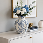 Blue and White Porcelain Vase, Faceted Ceramic Flower Vase, Scalloped Rim, Damask Print, Living Room Entryway, 15 cm / 5.9 in or 24 cm / 9.4 in