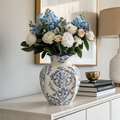 Blue and White Porcelain Vase, Faceted Ceramic Flower Vase, Scalloped Rim, Damask Print, Living Room Entryway, 15 cm / 5.9 in or 24 cm / 9.4 in