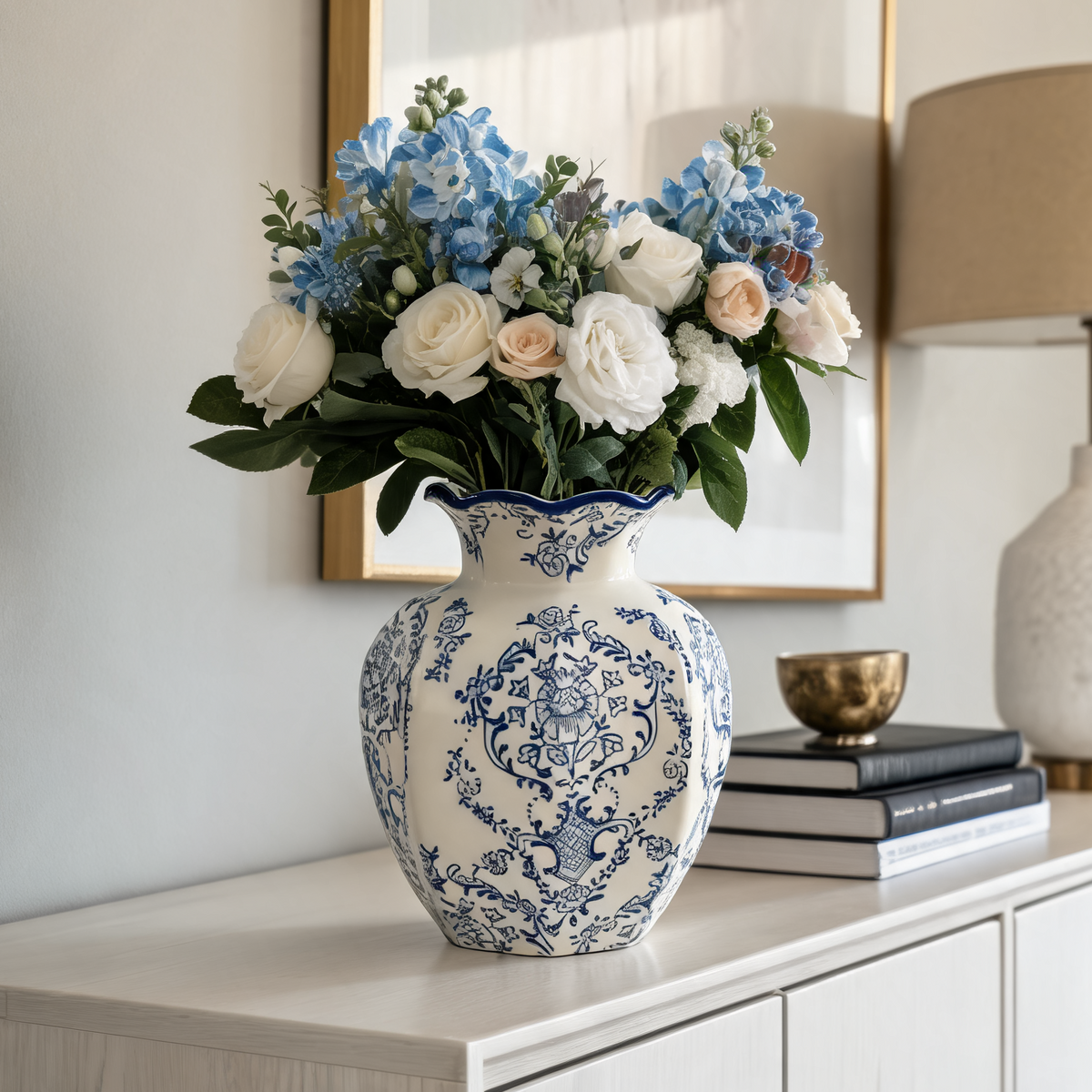 Blue and White Porcelain Vase, Faceted Ceramic Flower Vase, Scalloped Rim, Damask Print, Living Room Entryway, 15 cm / 5.9 in or 24 cm / 9.4 in