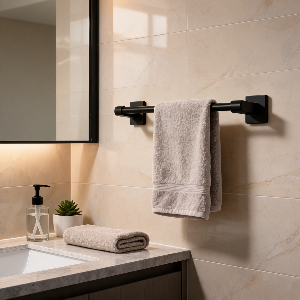 Self Adhesive Towel Bar, No Drill Aluminum Alloy Single Towel Rail for Bathroom and Kitchen, Black or Gray, 30 to 50 cm / 11.8 to 19.7 in
