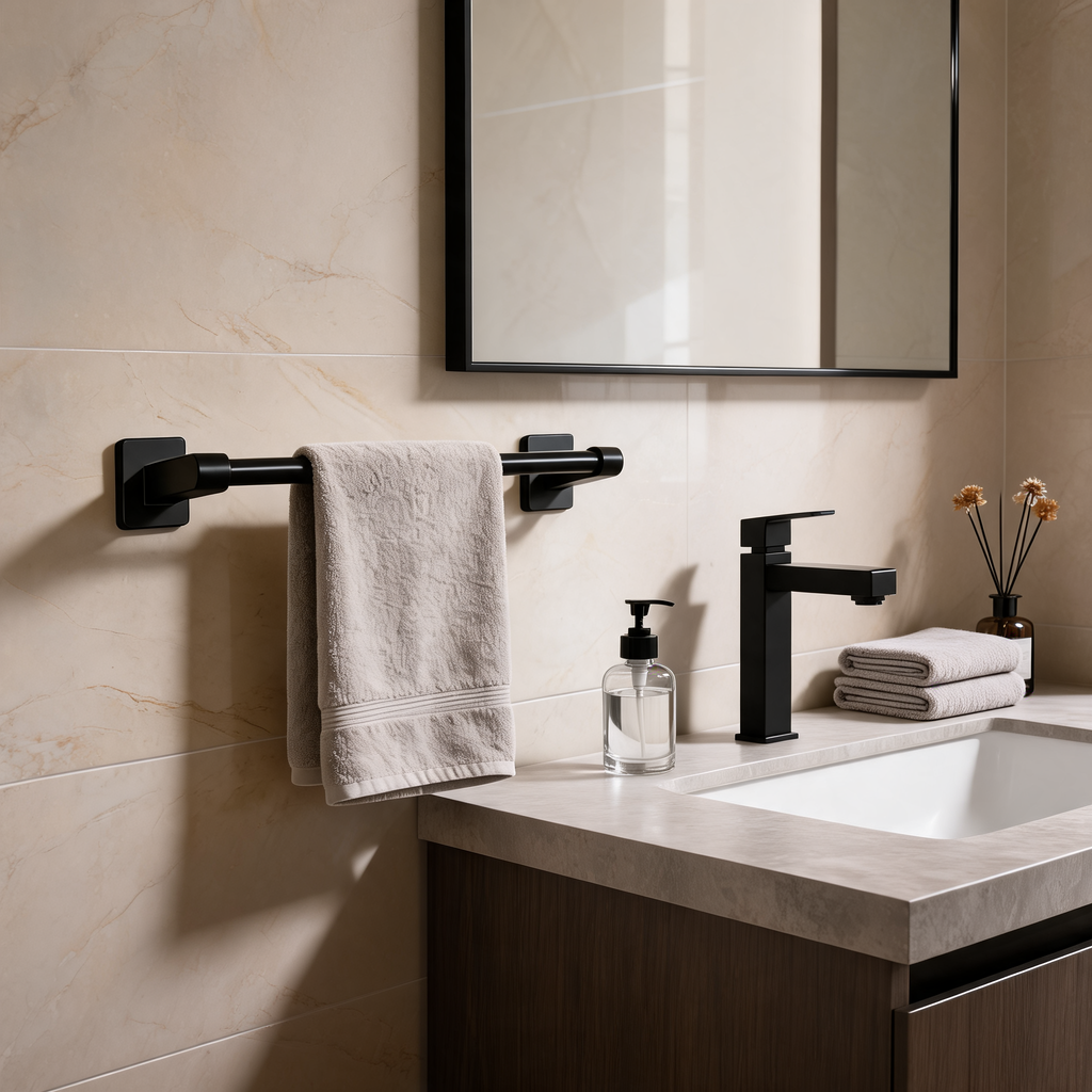 Self Adhesive Towel Bar, No Drill Aluminum Alloy Single Towel Rail for Bathroom and Kitchen, Black or Gray, 30 to 50 cm / 11.8 to 19.7 in