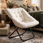 Faux Fur Saucer Chair, Folding Padded Lounge Chair with Reinforced Steel Frame for Bedroom, Dorm and Reading Corner, Light Gray, Pink or Rice White