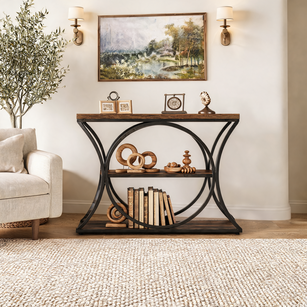 Three Tier Console Table with Arched Black Metal Frame, 41.34 in / 105 cm Wide Narrow Sofa Table in Rustic Wood, Hallway and Entryway